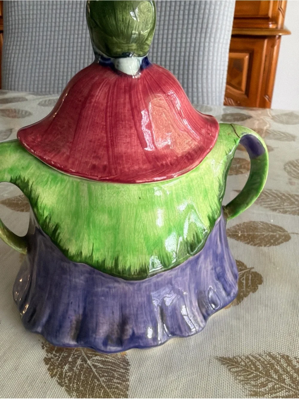 Hand-Painted Vintage Ceramic Figurine Sugar Bowl in Purple, Green, Red English